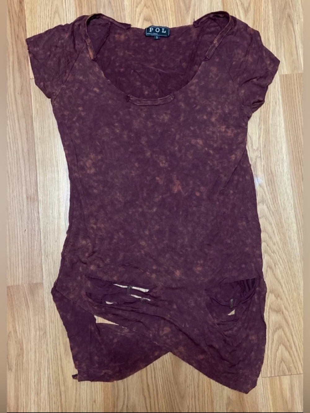 #1226 POL Top. Soft, Stretchy, Grundge, Punk Top, has Lazer Cuts. &  Safety Pins